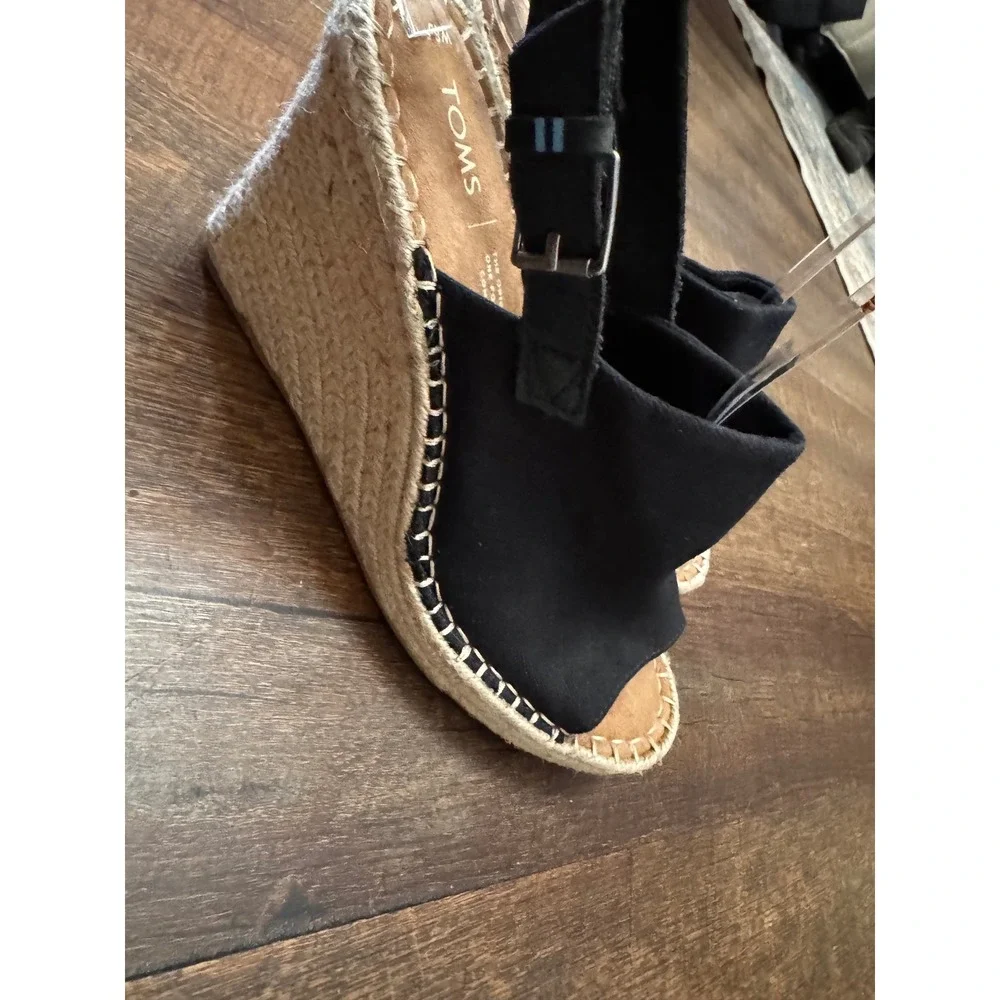 TOMS Women's 8.5 Black Espadrille Wedge Sandals Slingback Peep Toe